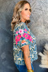 Embroidered Puff Sleeve Frilled Neck Printed Top